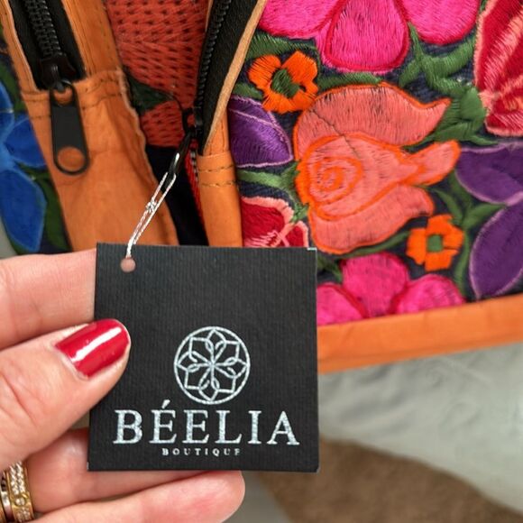 Bèelia Boutique floral genuine leather backpack embroidered blue pink Mexico
